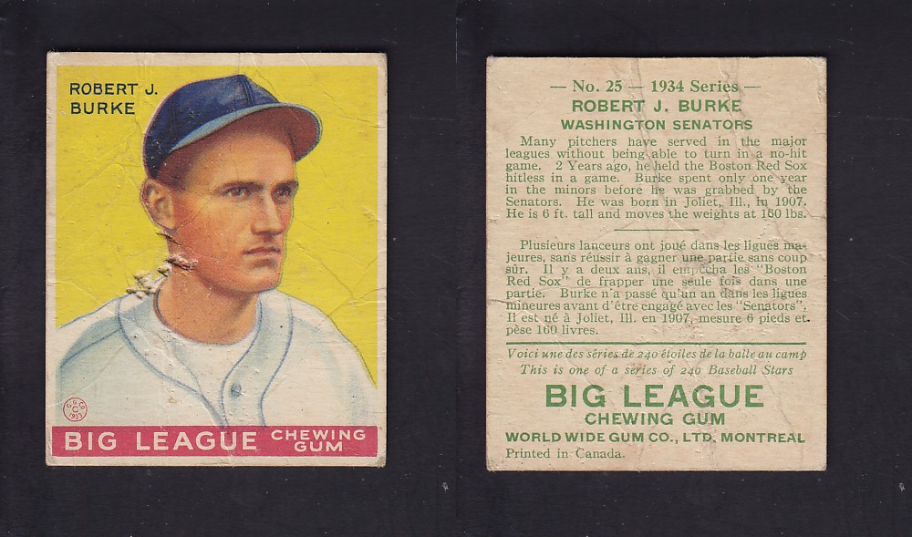 1934 WORLD WIDE GUM CANADIAN GOUDEY BASEBALL CARD #25 R.J. BURKE photo 1934 WORLD WIDE GUM CANADIAN GOUDEY BASEBALL CARD #25 R.J. BURKE photo