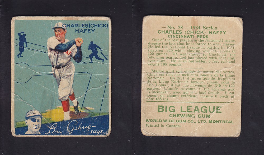 1934 WORLD WIDE GUM CANADIAN GOUDEY BASEBALL CARD #78 C. HAFEY photo 1934 WORLD WIDE GUM CANADIAN GOUDEY BASEBALL CARD #78 C. HAFEY photo