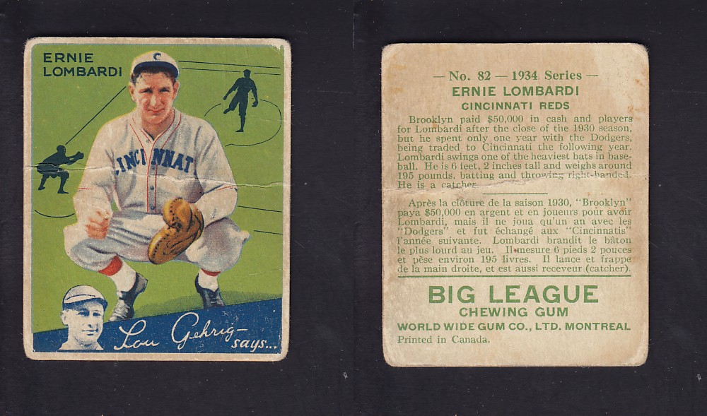 1934 WORLD WIDE GUM CANADIAN GOUDEY BASEBALL CARD #82 E. LOMBARDI photo 1934 WORLD WIDE GUM CANADIAN GOUDEY BASEBALL CARD #82 E. LOMBARDI photo
