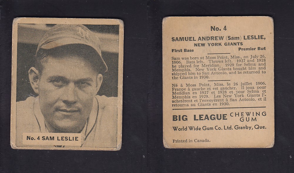 1936 WORLD WIDE GUM CANADIAN GOUDEY BASEBALL CARD #4 S. LESLIE photo 1936 WORLD WIDE GUM CANADIAN GOUDEY BASEBALL CARD #4 S. LESLIE photo