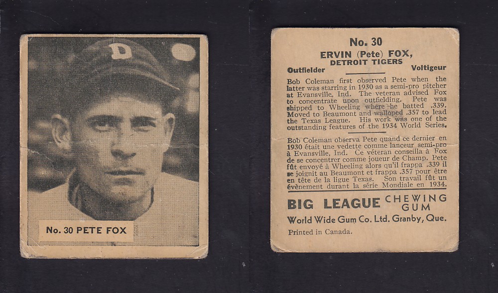 1936 WORLD WIDE GUM CANADIAN GOUDEY BASEBALL CARD #30 P. FOX photo 1936 WORLD WIDE GUM CANADIAN GOUDEY BASEBALL CARD #30 P. FOX photo
