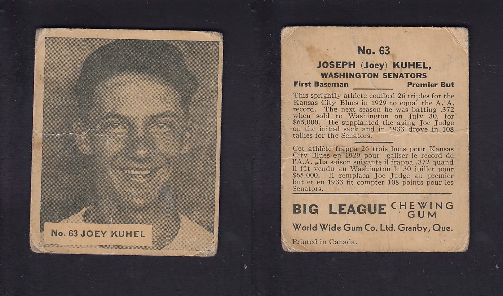 1936 WORLD WIDE GUM CANADIAN GOUDEY BASEBALL CARD #63 J. KUHEL photo 1936 WORLD WIDE GUM CANADIAN GOUDEY BASEBALL CARD #63 J. KUHEL photo