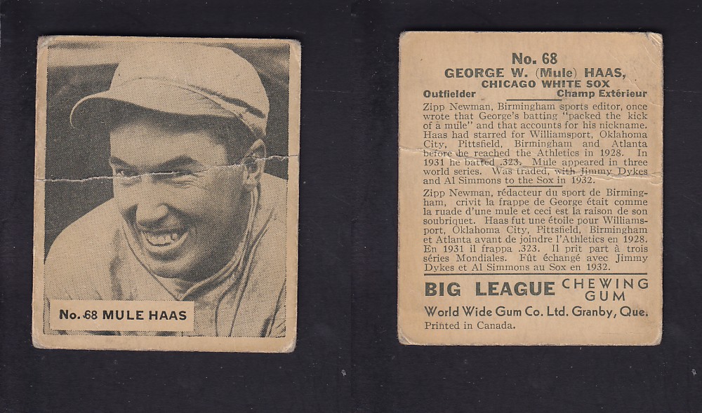 1936 WORLD WIDE GUM CANADIAN GOUDEY BASEBALL CARD #68 M. HAAS photo 1936 WORLD WIDE GUM CANADIAN GOUDEY BASEBALL CARD #68 M. HAAS photo