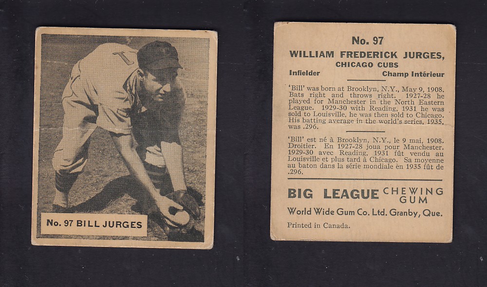 1936 WORLD WIDE GUM CANADIAN GOUDEY BASEBALL CARD #97 B. JURGES photo 1936 WORLD WIDE GUM CANADIAN GOUDEY BASEBALL CARD #97 B. JURGES photo