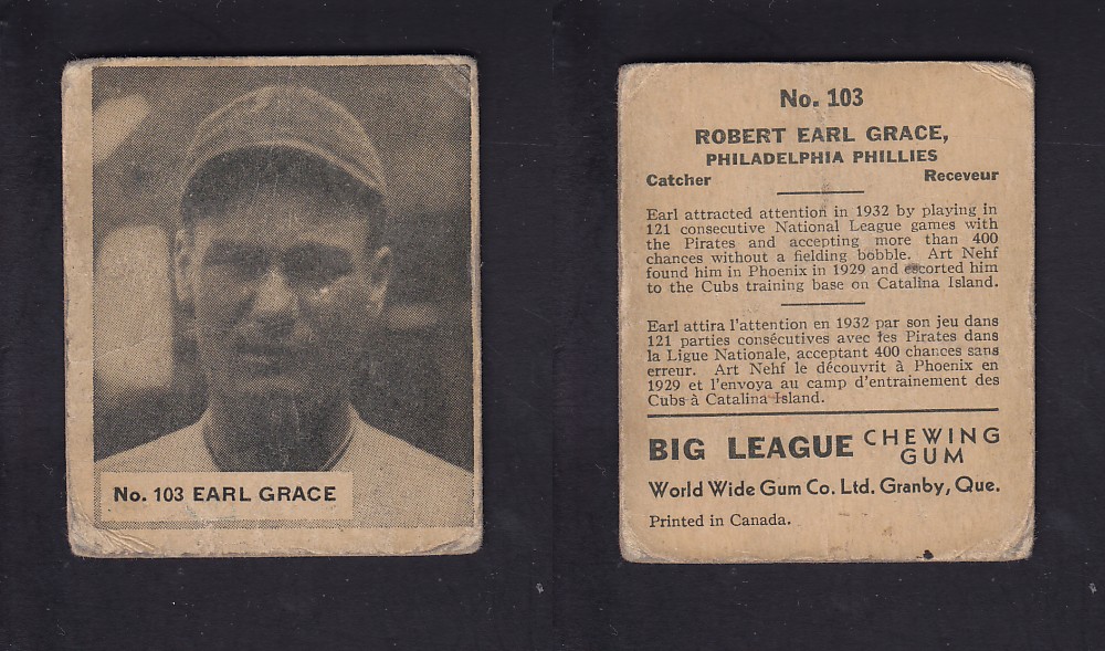 1936 WORLD WIDE GUM CANADIAN GOUDEY BASEBALL CARD #103 E. GRACE photo 1936 WORLD WIDE GUM CANADIAN GOUDEY BASEBALL CARD #103 E. GRACE photo