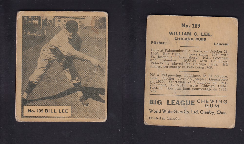 1936 WORLD WIDE GUM CANADIAN GOUDEY BASEBALL CARD #109 B. LEE photo 1936 WORLD WIDE GUM CANADIAN GOUDEY BASEBALL CARD #109 B. LEE photo