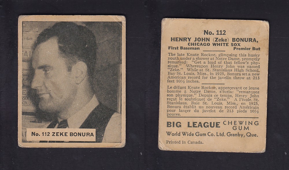 1936 WORLD WIDE GUM CANADIAN GOUDEY BASEBALL CARD #112 Z. BONURA photo 1936 WORLD WIDE GUM CANADIAN GOUDEY BASEBALL CARD #112 Z. BONURA photo