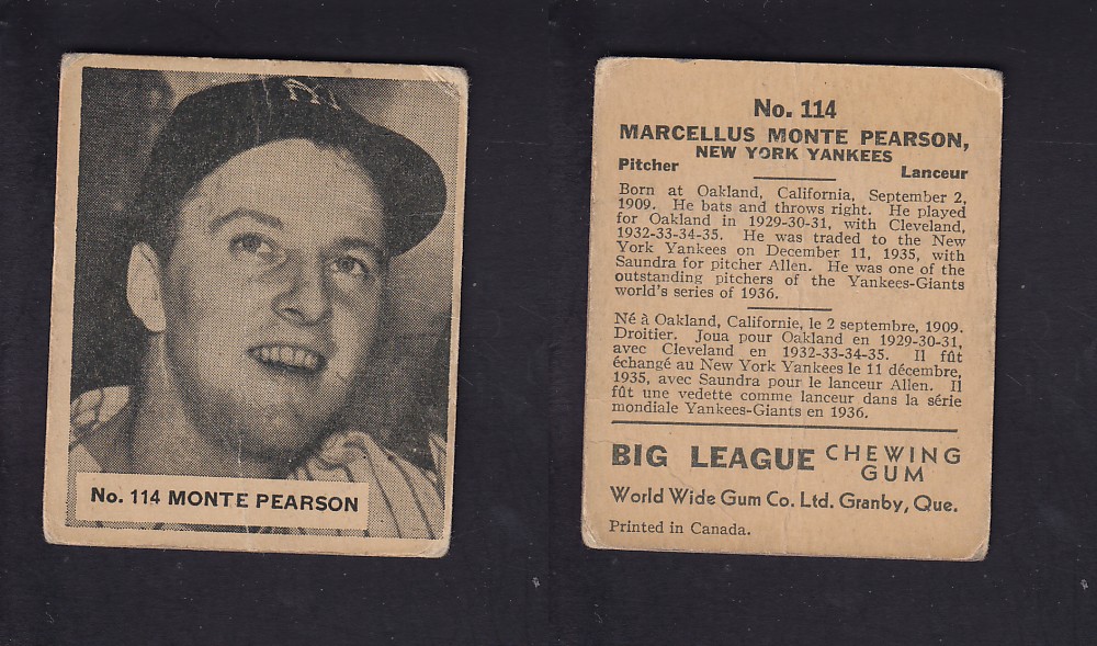 1936 WORLD WIDE GUM CANADIAN GOUDEY BASEBALL CARD #114 M. PEARSON photo 1936 WORLD WIDE GUM CANADIAN GOUDEY BASEBALL CARD #114 M. PEARSON photo