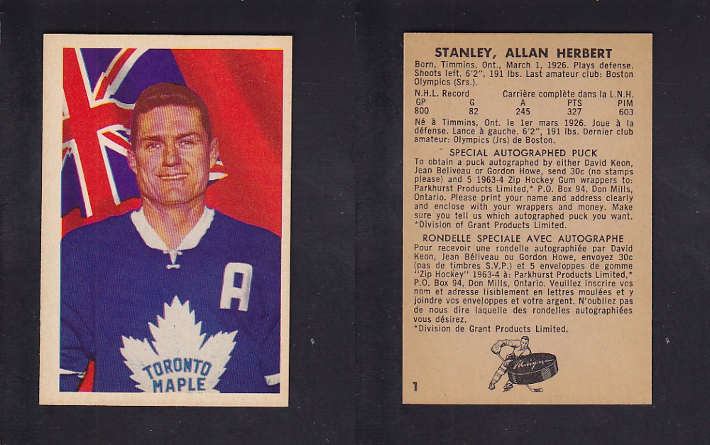 1963-64 PARKHURST HOCKEY CARD #1 A. STANLEY photo 1963-64 PARKHURST HOCKEY CARD #1 A. STANLEY photo