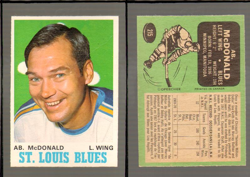 1970-71 O-PEE-CHEE CARD #215 A. McDONALD photo 1970-71 O-PEE-CHEE CARD #215 A. McDONALD photo
