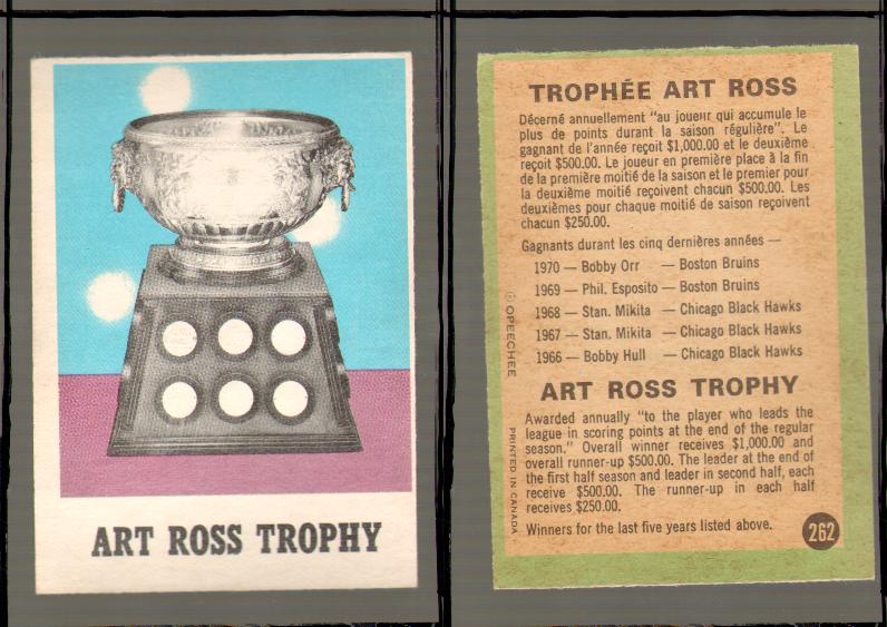 1970-71 O-PEE-CHEE CARD #262 ART ROSS TROPHY photo 1970-71 O-PEE-CHEE CARD #262 ART ROSS TROPHY photo