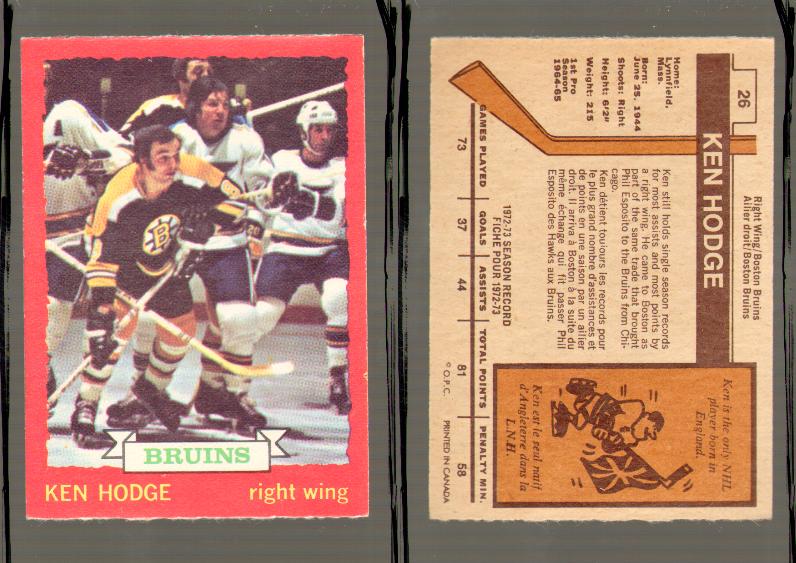 1973-74 O-PEE-CHEE CARD #26 K. HODGE photo 1973-74 O-PEE-CHEE CARD #26 K. HODGE photo