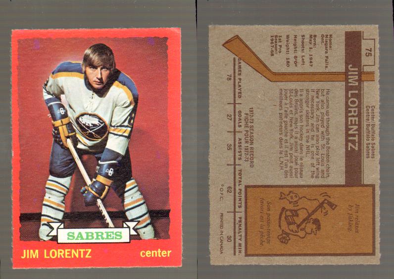 1973-74 O-PEE-CHEE CARD #75 J. LORENTZ photo 1973-74 O-PEE-CHEE CARD #75 J. LORENTZ photo