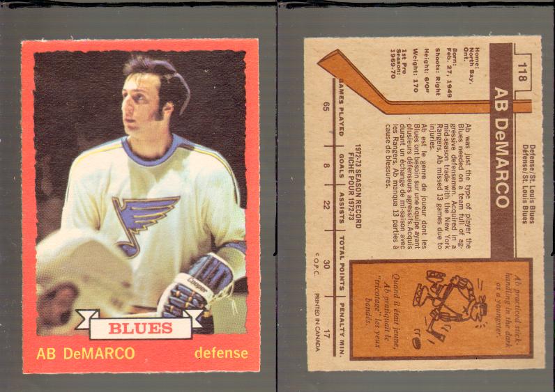1973-74 O-PEE-CHEE CARD #118 A. DeMARCO photo 1973-74 O-PEE-CHEE CARD #118 A. DeMARCO photo
