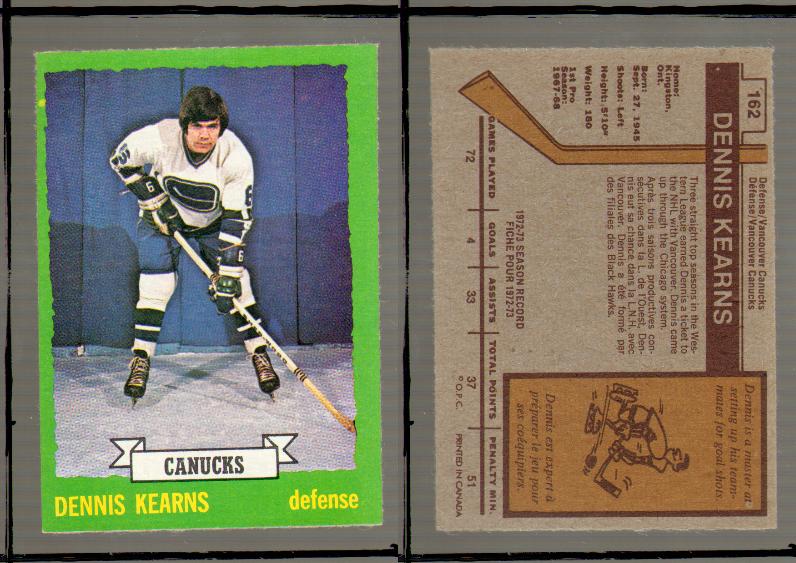 1973-74 O-PEE-CHEE CARD #162 D. KEARNS photo 1973-74 O-PEE-CHEE CARD #162 D. KEARNS photo