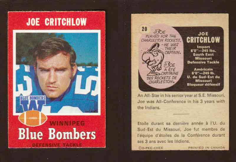 1971 CFL O-PEE-CHEE FOOTBALL CARD #20 J. CRITCHLOW photo 1971 CFL O-PEE-CHEE FOOTBALL CARD #20 J. CRITCHLOW photo