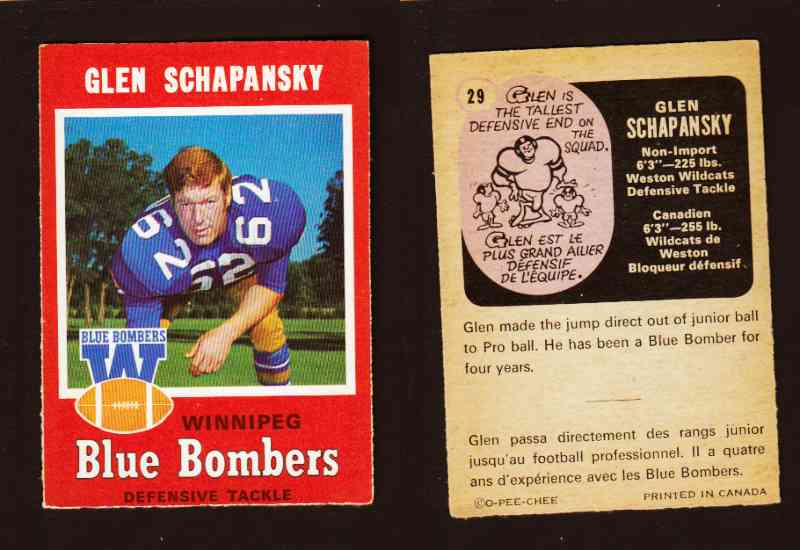 1971 CFL O-PEE-CHEE FOOTBALL CARD #29 G. SCHAPANSKY photo