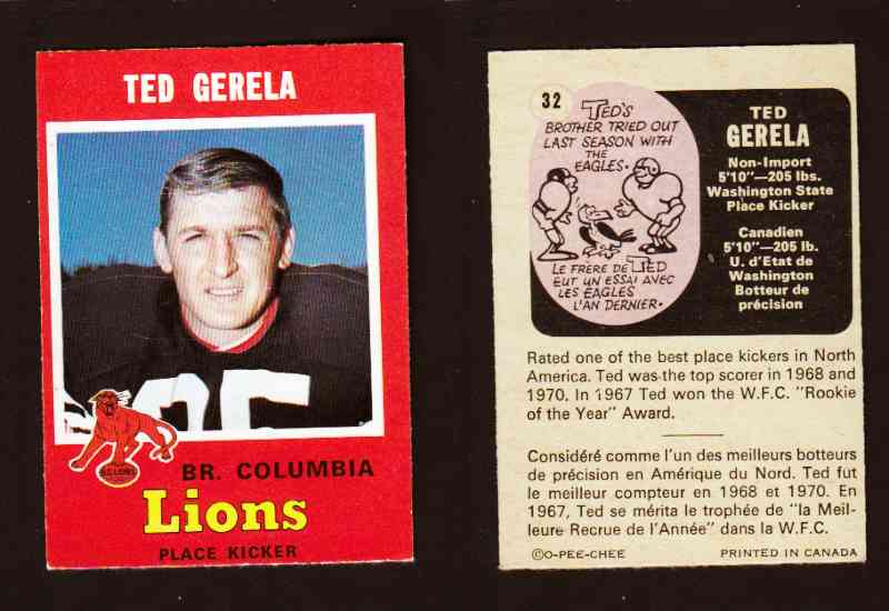 1971 CFL O-PEE-CHEE FOOTBALL CARD #32 T. GERELA photo 1971 CFL O-PEE-CHEE FOOTBALL CARD #32 T. GERELA photo