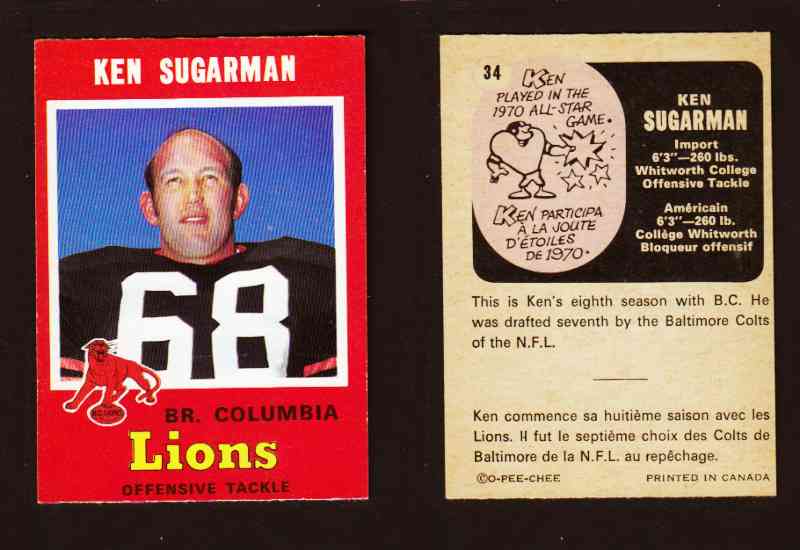 1971 CFL O-PEE-CHEE FOOTBALL CARD #34 K. SUGARMAN photo 1971 CFL O-PEE-CHEE FOOTBALL CARD #34 K. SUGARMAN photo