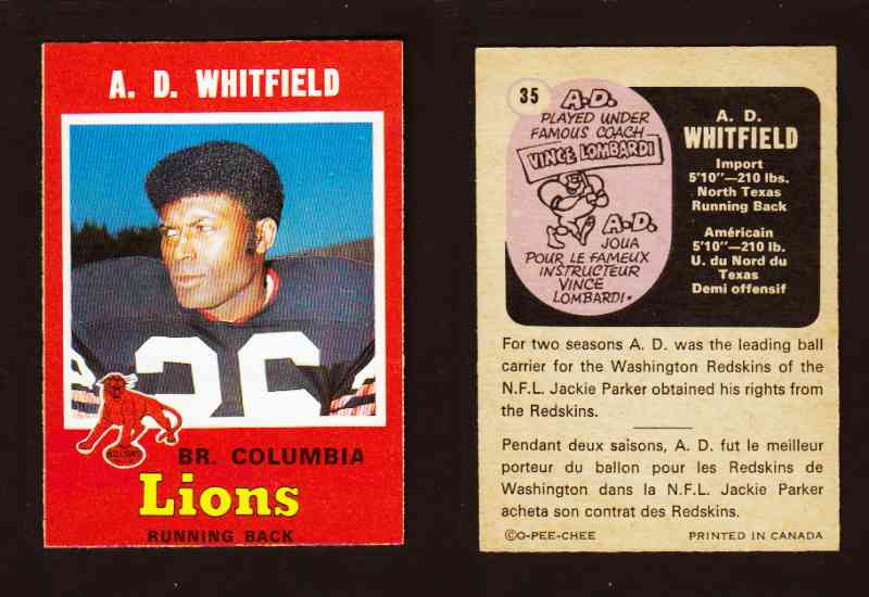1971 CFL O-PEE-CHEE FOOTBALL CARD #35 A.D. WHITFIELD photo 1971 CFL O-PEE-CHEE FOOTBALL CARD #35 A.D. WHITFIELD photo