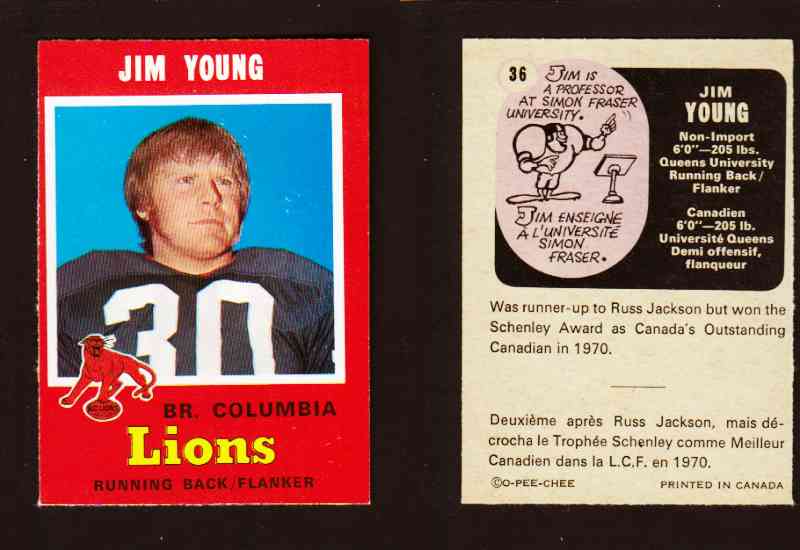 1971 CFL O-PEE-CHEE FOOTBALL CARD #36 J. YOUNG photo 1971 CFL O-PEE-CHEE FOOTBALL CARD #36 J. YOUNG photo