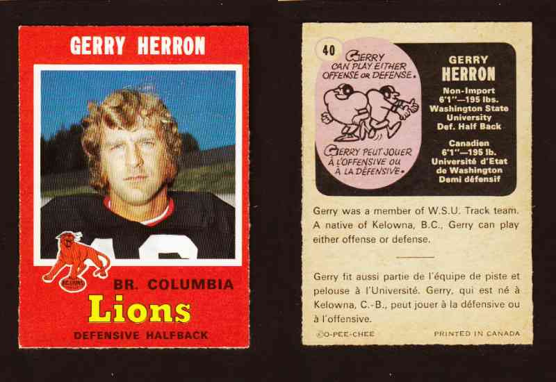 1971 CFL O-PEE-CHEE FOOTBALL CARD #40 G. HERRON photo 1971 CFL O-PEE-CHEE FOOTBALL CARD #40 G. HERRON photo