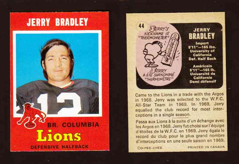 1971 CFL O-PEE-CHEE FOOTBALL CARD #44 J. BRADLEY photo 1971 CFL O-PEE-CHEE FOOTBALL CARD #44 J. BRADLEY photo