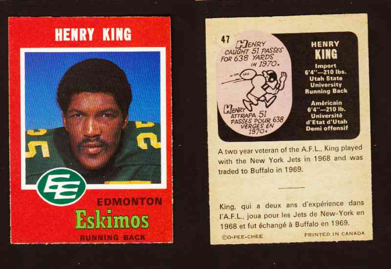 1971 CFL O-PEE-CHEE FOOTBALL CARD #47 H. KING photo 1971 CFL O-PEE-CHEE FOOTBALL CARD #47 H. KING photo