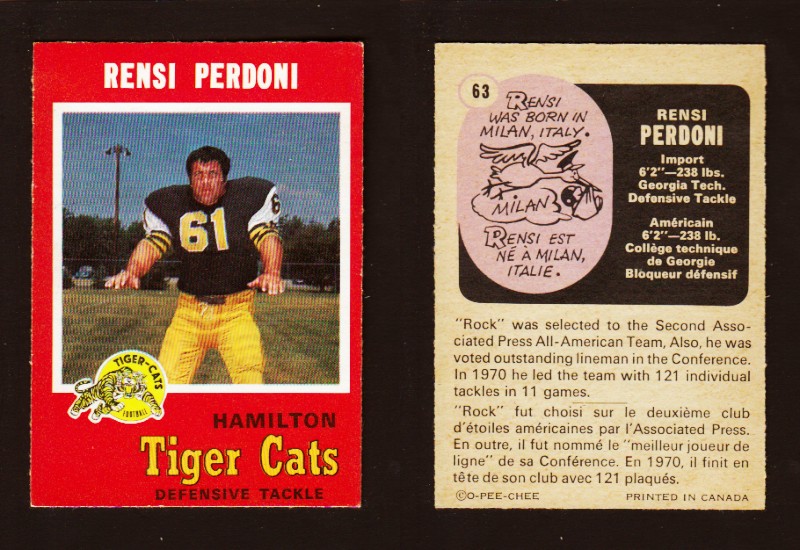 1971 CFL O-PEE-CHEE FOOTBALL CARD #63 R. PERDONI photo 1971 CFL O-PEE-CHEE FOOTBALL CARD #63 R. PERDONI photo