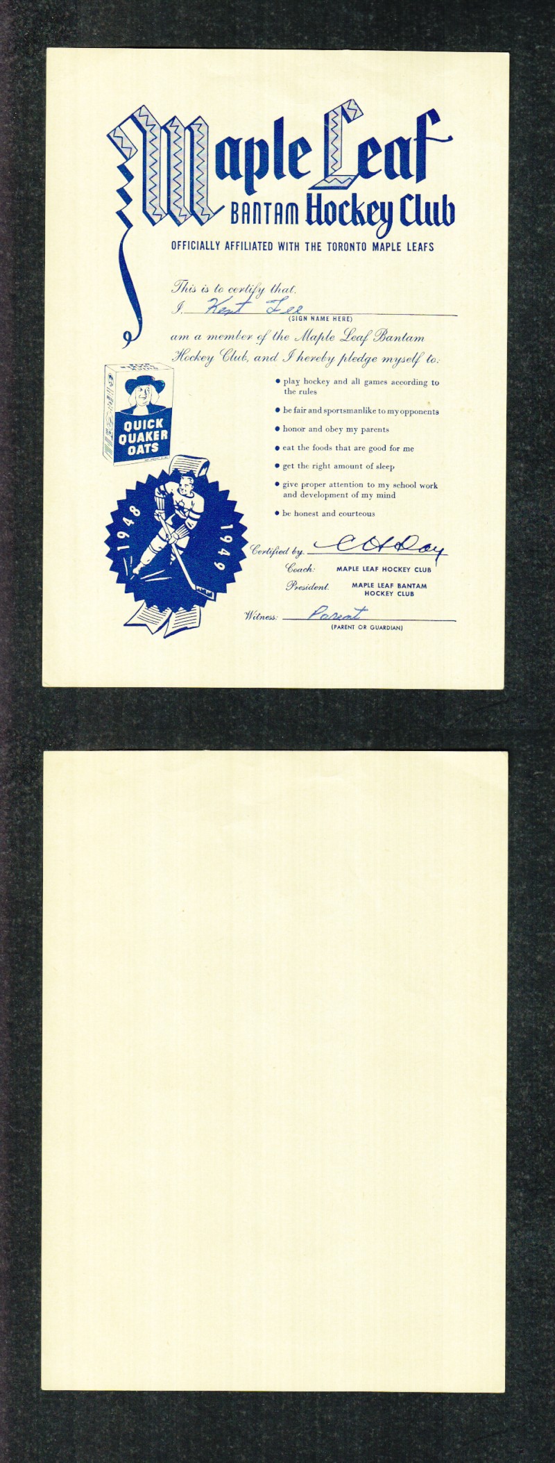 1945-54 QUAKER OATS PHOTO CLUB CERTIFICATE photo 1945-54 QUAKER OATS PHOTO CLUB CERTIFICATE photo