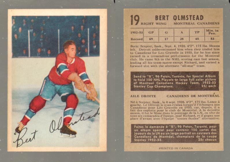 1953-54 PARKHURST HOCKEY CARD #19 B. OLMSTEAD photo 1953-54 PARKHURST HOCKEY CARD #19 B. OLMSTEAD photo