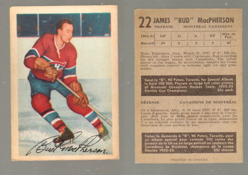 1953-54 PARKHURST HOCKEY CARD #22 J. MacPHERSON photo 1953-54 PARKHURST HOCKEY CARD #22 J. MacPHERSON photo