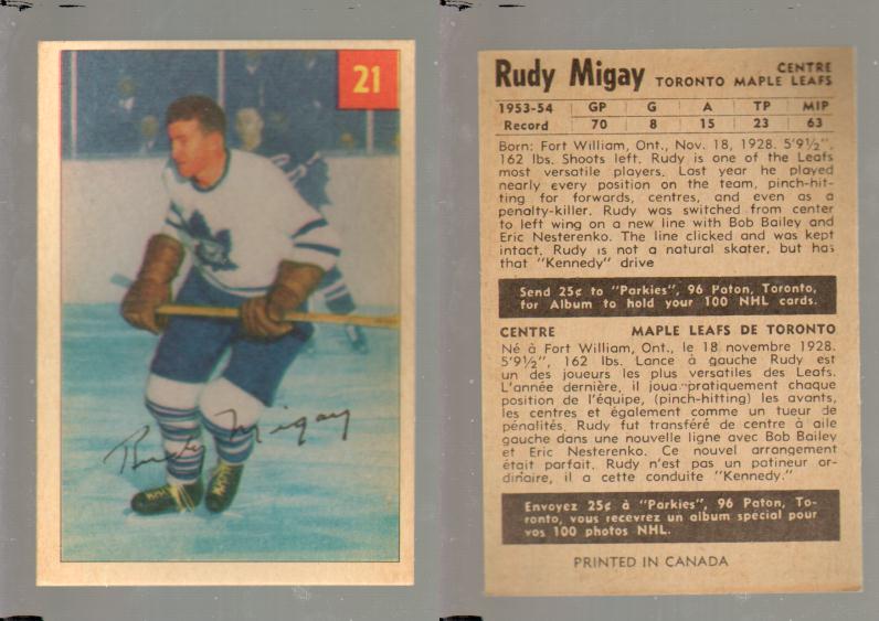 1954-55 PARKHURST HOCKEY CARD #21 R. MIGAY photo 1954-55 PARKHURST HOCKEY CARD #21 R. MIGAY photo