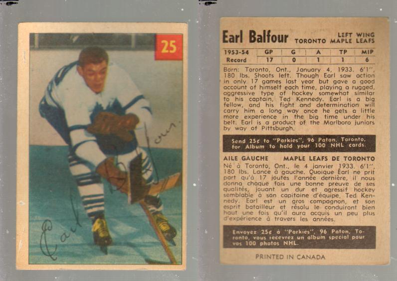 1954-55 PARKHURST HOCKEY CARD #25 E. BALFOUR photo 1954-55 PARKHURST HOCKEY CARD #25 E. BALFOUR photo