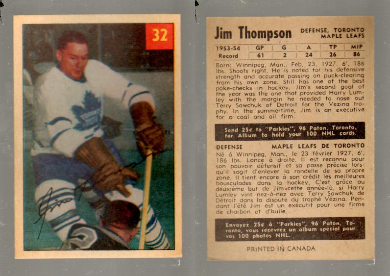 1954-55 PARKHURST HOCKEY CARD #32 J. THOMPSON photo 1954-55 PARKHURST HOCKEY CARD #32 J. THOMPSON photo