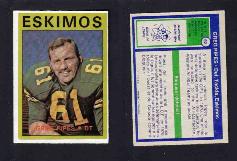1972 CFL O-PEE-CHEE FOOTBALL CARD #92 G. PIPES photo 1972 CFL O-PEE-CHEE FOOTBALL CARD #92 G. PIPES photo