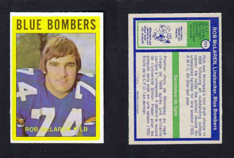 1972 CFL O-PEE-CHEE FOOTBALL CARD #111 R. McLAREN photo 1972 CFL O-PEE-CHEE FOOTBALL CARD #111 R. McLAREN photo