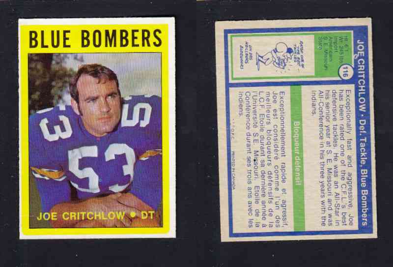 1972 CFL O-PEE-CHEE FOOTBALL CARD #116 J. CRITCHLOW photo 1972 CFL O-PEE-CHEE FOOTBALL CARD #116 J. CRITCHLOW photo