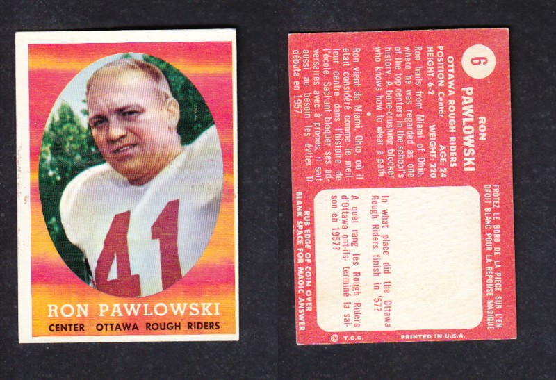 1958 CFL TOPPS FOOTBALL CARD #6 R.PAWLOWSKI photo 1958 CFL TOPPS FOOTBALL CARD #6 R.PAWLOWSKI photo