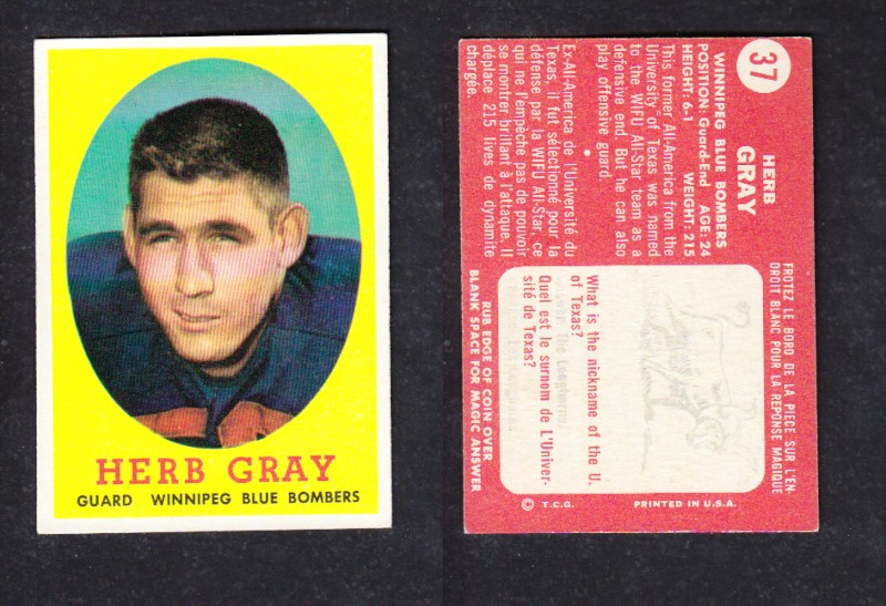 1958 CFL TOPPS FOOTBALL CARD #37 E.GRAY photo
