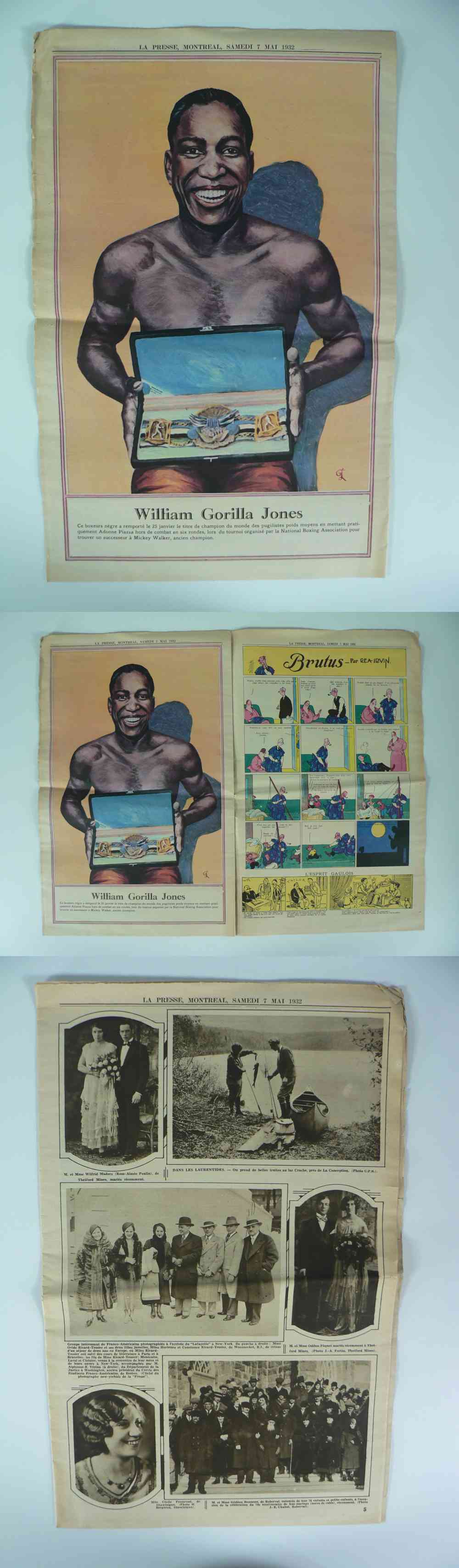 1932 LA PRESSE NEWSPAPER INSIDE PHOTO W. GORILLA JONES photo 1932 LA PRESSE NEWSPAPER INSIDE PHOTO W. GORILLA JONES photo