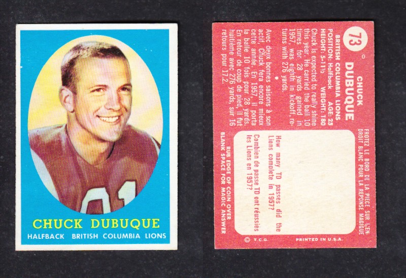 1958 CFL TOPPS FOOTBALL CARD #73 C.DUBUQUE photo 1958 CFL TOPPS FOOTBALL CARD #73 C.DUBUQUE photo