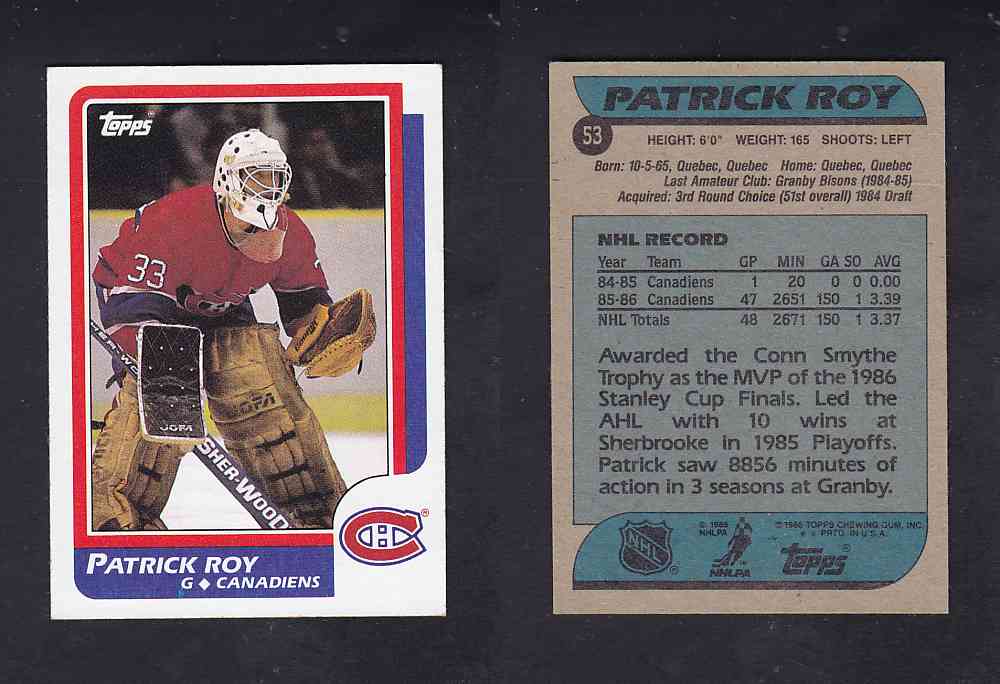 1986-87 TOPPS HOCKEY CARD P. ROY ROOKIE CARD #53 photo 1986-87 TOPPS HOCKEY CARD P. ROY ROOKIE CARD #53 photo