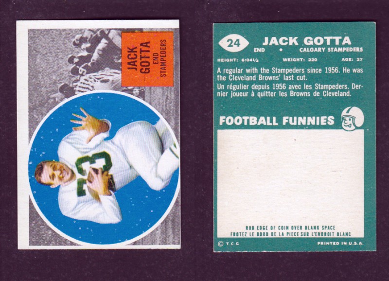 1960 CFL TOPPS FOOTBALL CARD #24 J. GOTTA photo 1960 CFL TOPPS FOOTBALL CARD #24 J. GOTTA photo