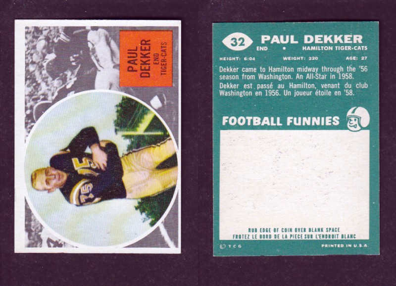 1960 CFL TOPPS FOOTBALL CARD #32 P. DEKKER photo 1960 CFL TOPPS FOOTBALL CARD #32 P. DEKKER photo