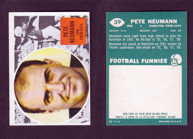 1960 CFL TOPPS FOOTBALL CARD #39 P. NEUMANN photo 1960 CFL TOPPS FOOTBALL CARD #39 P. NEUMANN photo