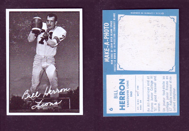 1961 CFL TOPPS FOOTBALL CARD #6 B. HERRON photo 1961 CFL TOPPS FOOTBALL CARD #6 B. HERRON photo