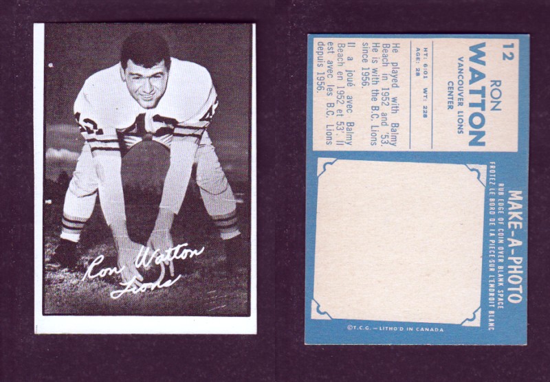1961 CFL TOPPS FOOTBALL CARD #12 R. WATTON photo 1961 CFL TOPPS FOOTBALL CARD #12 R. WATTON photo