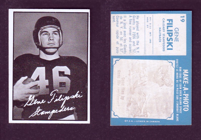 1961 CFL TOPPS FOOTBALL CARD #19 G. FILIPSKI photo