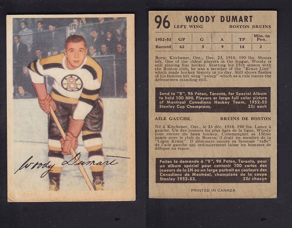 1953-54 PARKHURST HOCKEY CARD #96 W. DUMART photo 1953-54 PARKHURST HOCKEY CARD #96 W. DUMART photo